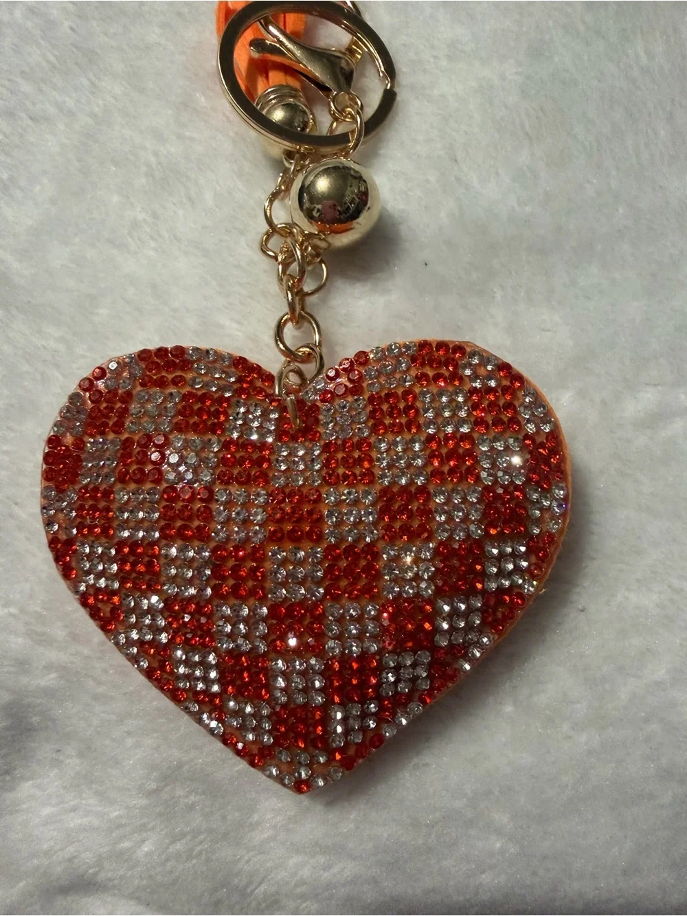 Plushy Orange& Silver Rhinestone Heart Keychain/ Bag Charm